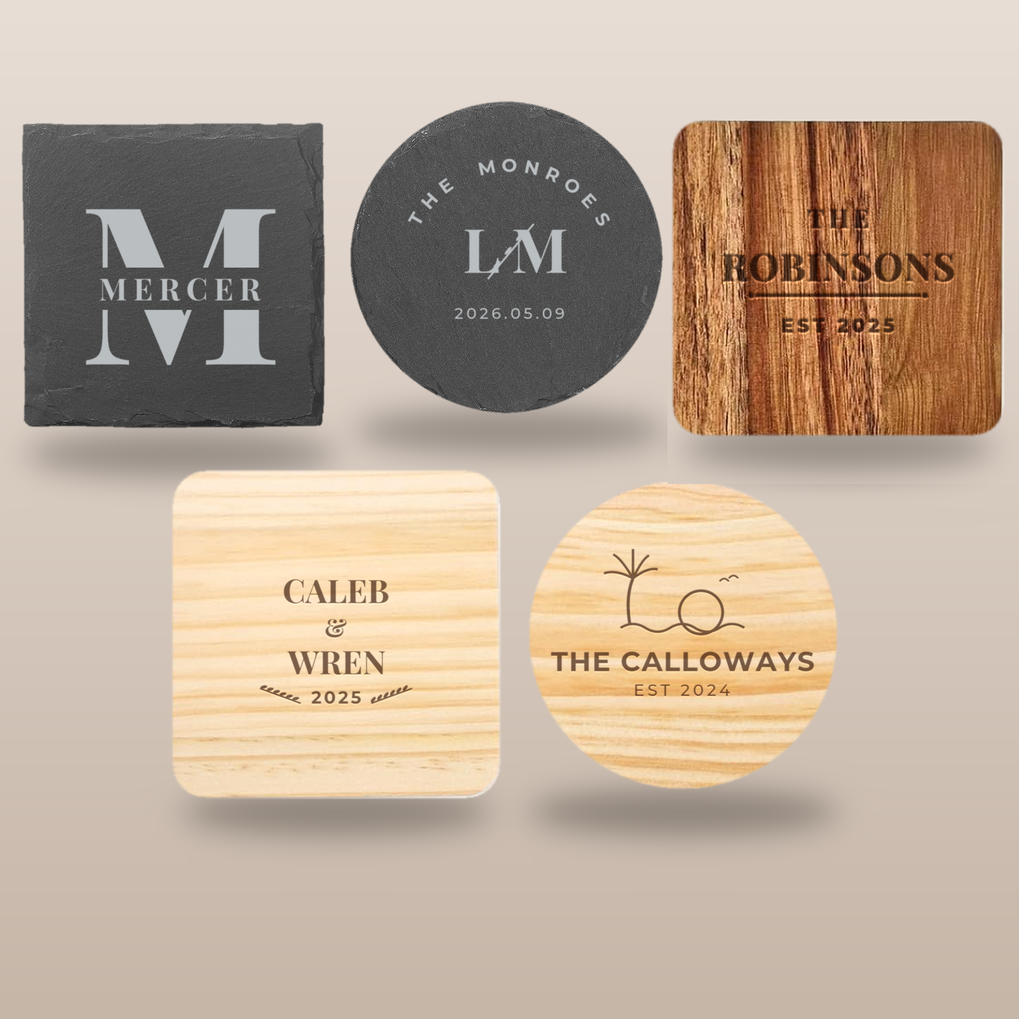 Personalized slate and wood coasters
